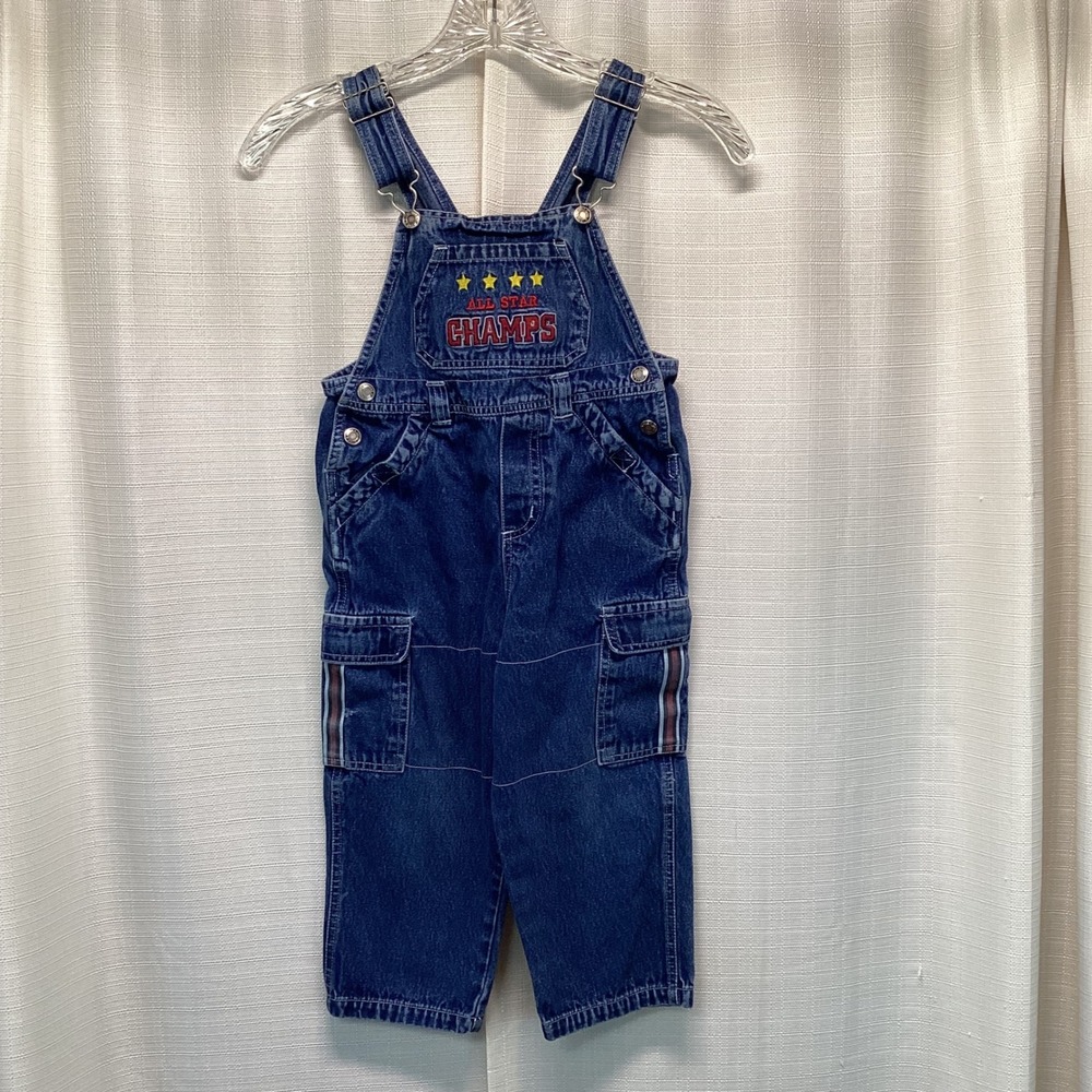 Vintage All Star Champs Denim Cargo Overalls Kids 4T Blue Cotton Sporty Utility